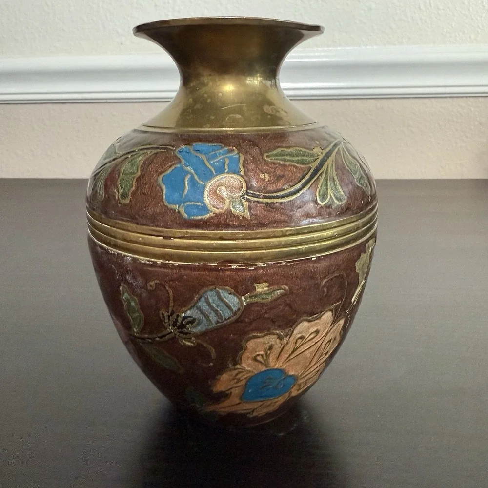 Vintage Brass Vase Floral‎ Design Enameled Hand Painted Flowers India Bud Vase